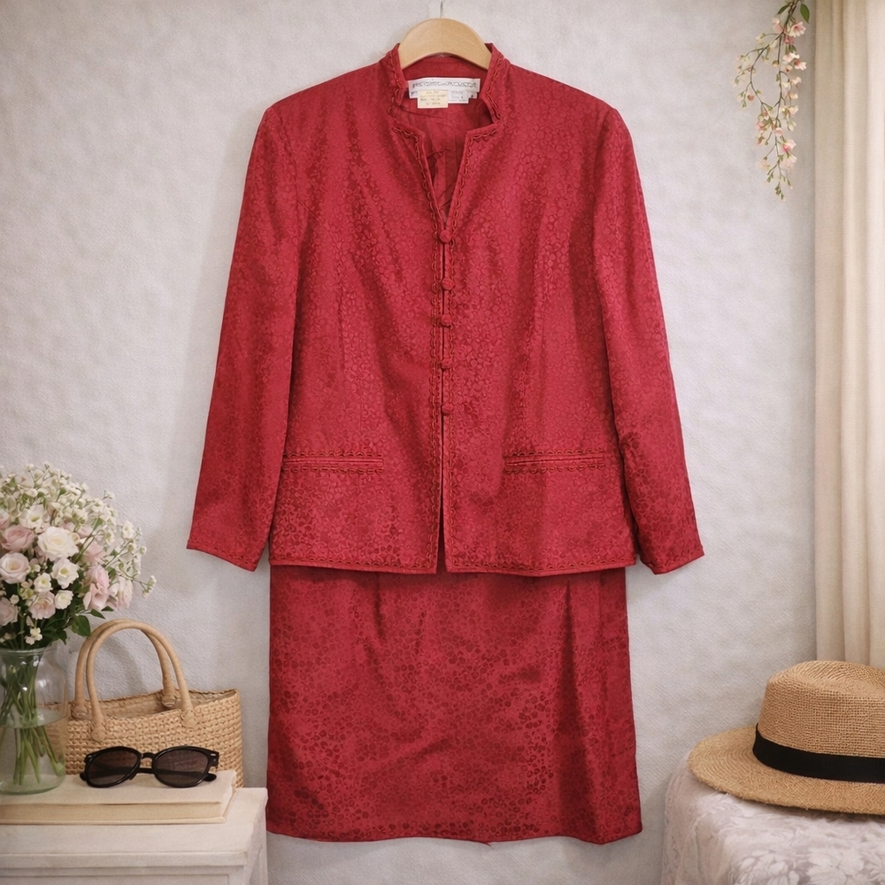 5/30 Vintage Silk Skirt Suit Anne Crimmins Hong Kong Red Jacquard Set 8